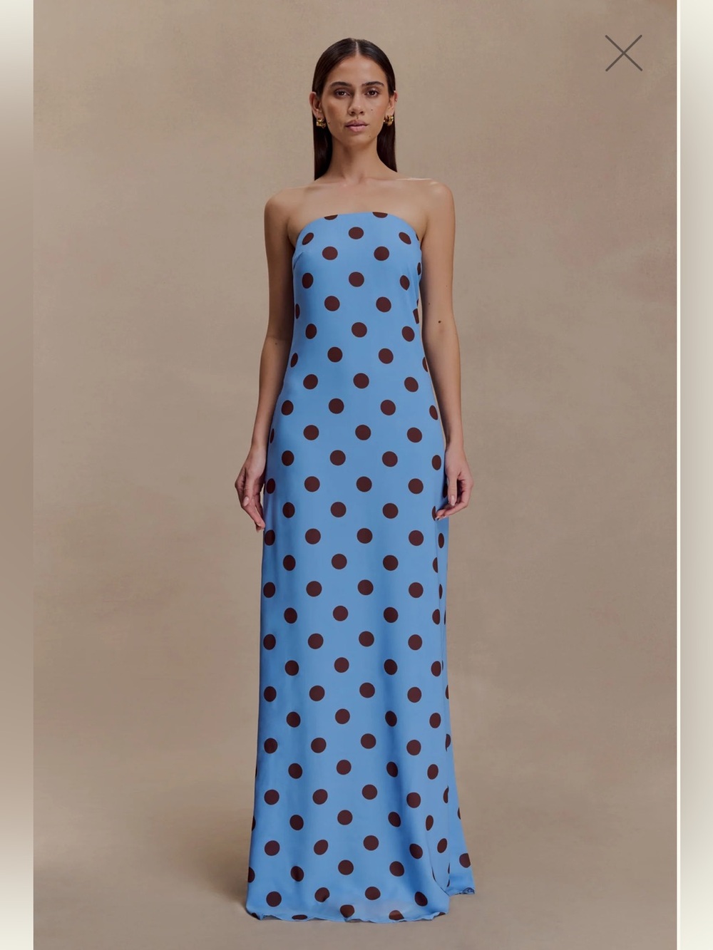 Meshki Blue Strapless Maxi Dress with Brown Polka Dots - Picture 1 of 3